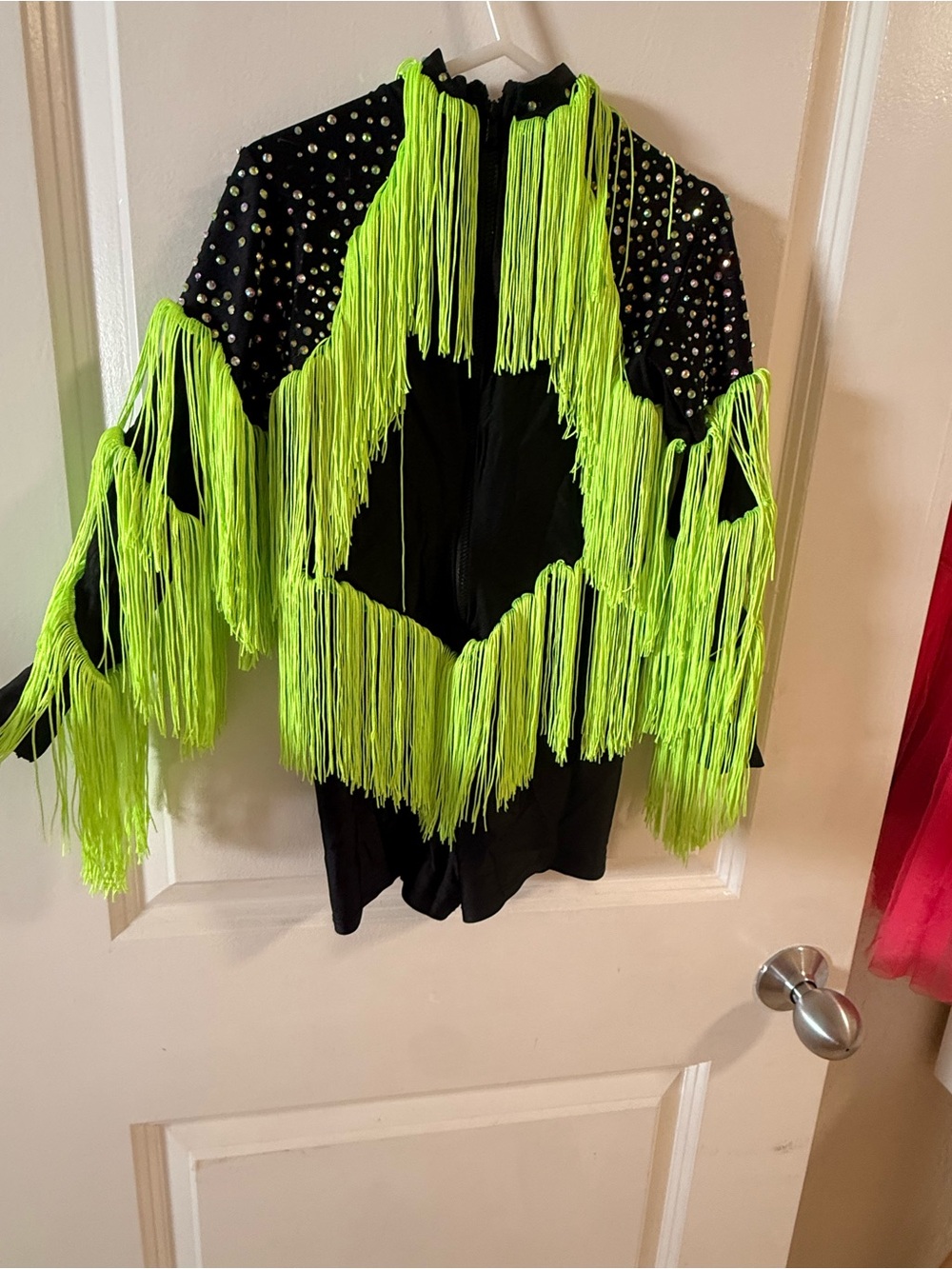 Kids Neon Green Fringe Dance Costume with Studded Accent